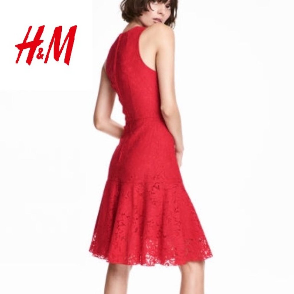 NWOT💕H & M Holiday Red Lace Midi Fit Flare Dress